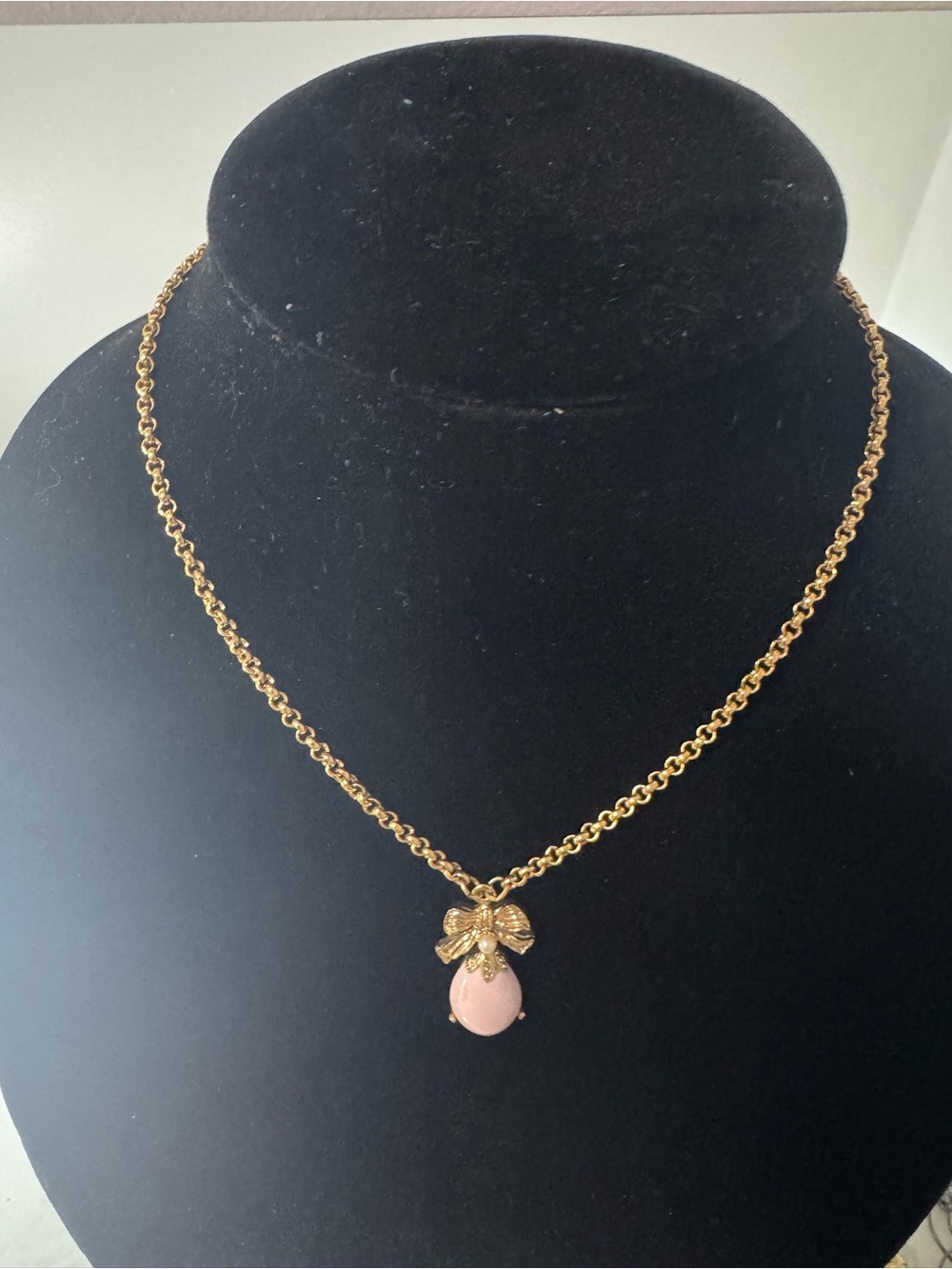 1928 Gold-Tone Chain Necklace with Pink Teardrop and Bow